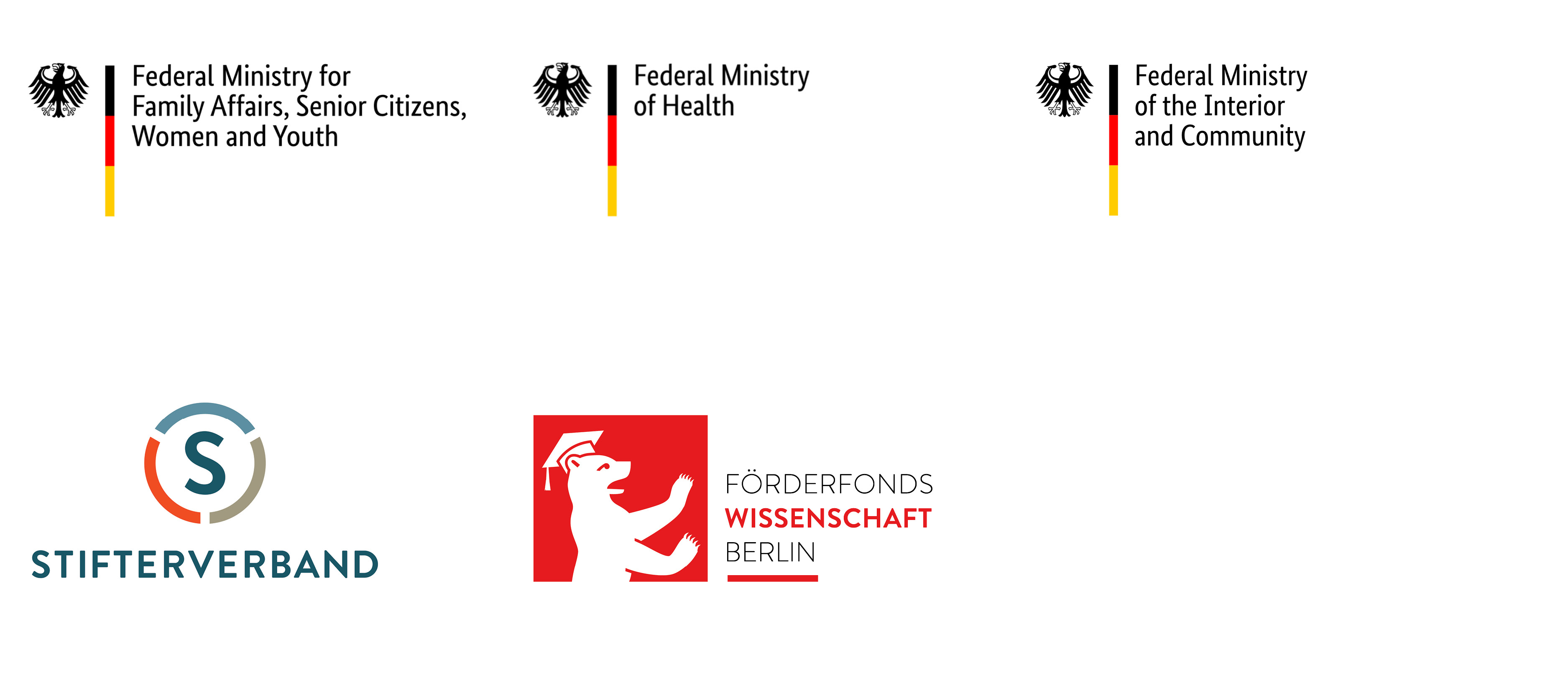 Logos of German Federal Ministry of the Interior and Community, German Federal Ministry for Family Affairs, Senior Citizens, Women and Youth, the German Federal Ministry of Health, the Stifterverband and the Förderfonds Wissenschaft in Berlin 