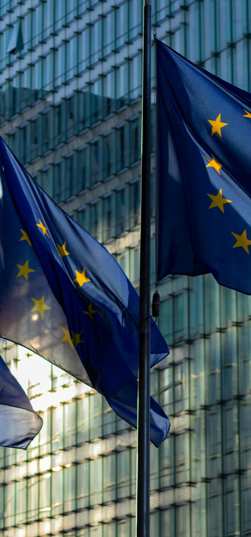 EU flags waving in front of a glass building at sunrise