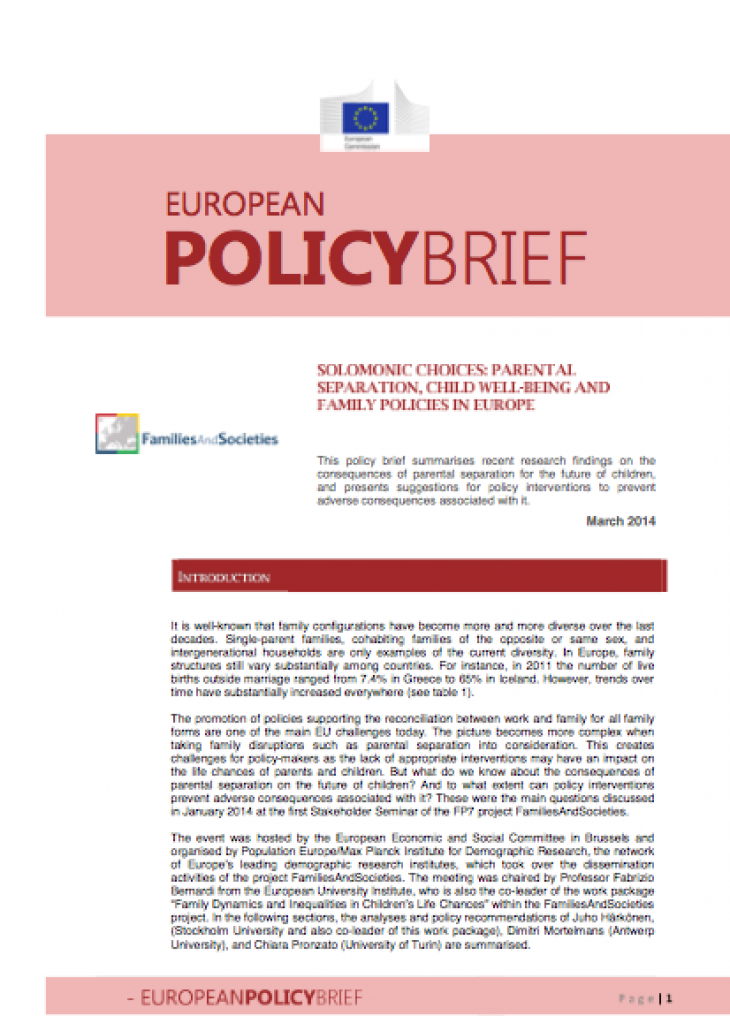 Books and Reports: European Policy Brief: Parental Separation, Child Well-Being And Family Policies In Europe