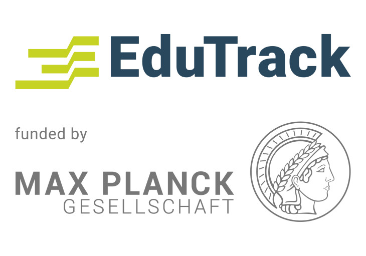 Held in lime green and azure, the edutrack logo features bold letters and waved indicating a change of path or course correction. The logo is combined with the Max Planck Societie's Miverva emblem