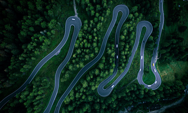 Winding road in a forest area, seen from above