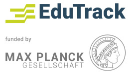 Held in lime green and azure, the edutrack logo features bold letters and waved indicating a change of path or course correction. The logo is combined with the Max Planck Societie's Miverva emblem