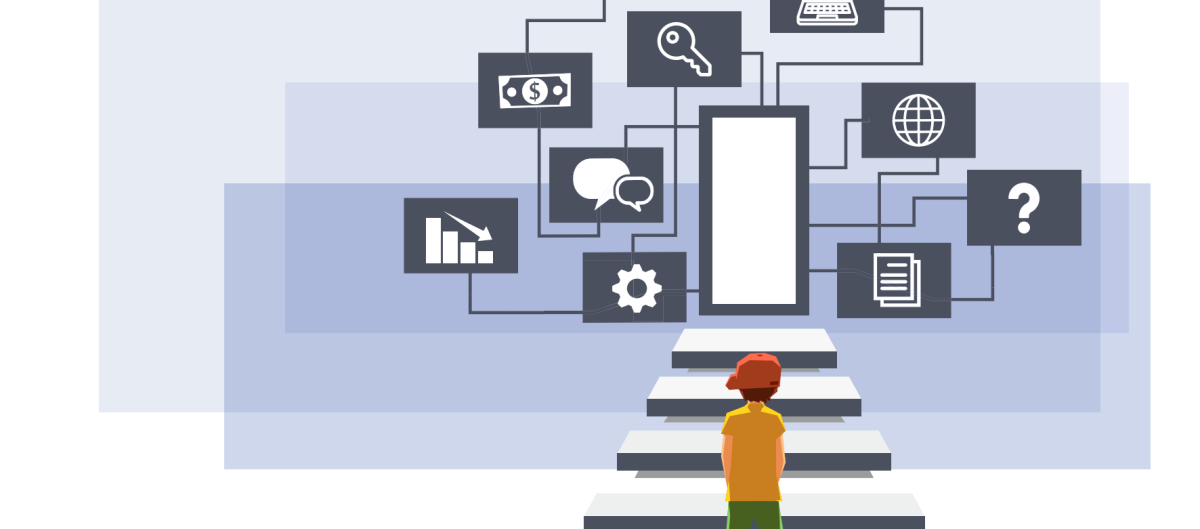 Illustration of a child facing a door with steps in front. Icons indicate topics like money, housing, and knowledge